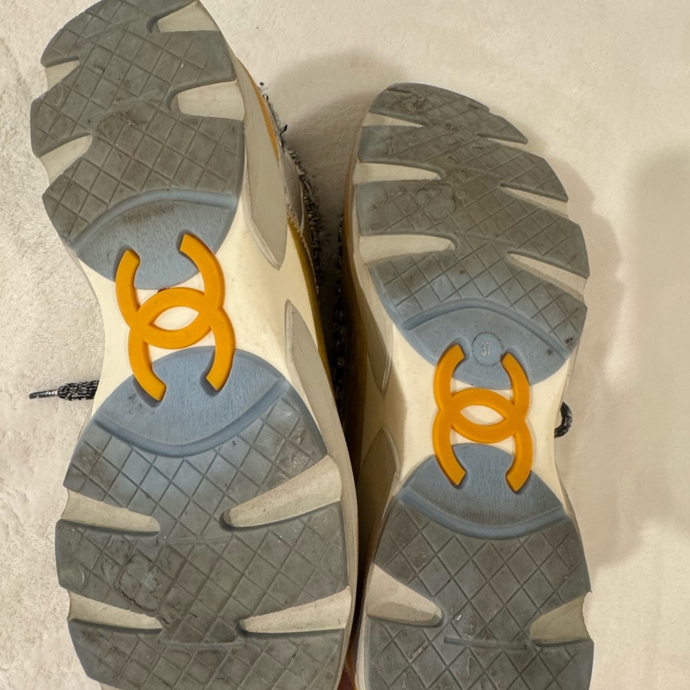 CHANEL Black and Silver Tweed Sneakers with Yellow Detail - Picture 3 of 5